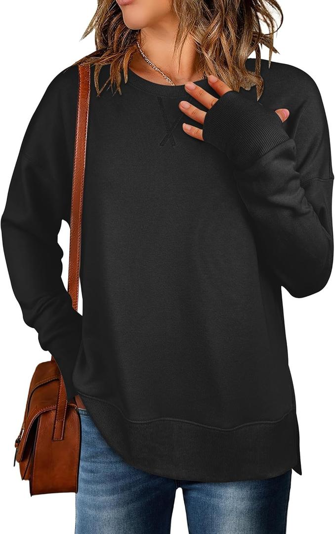 ANRABESS Sweatshirts for Women 2025 Fall Long Sleeve Shirts Oversized Crewneck Lightweight Side Split Casual Pullover Tops (Medium, Black)