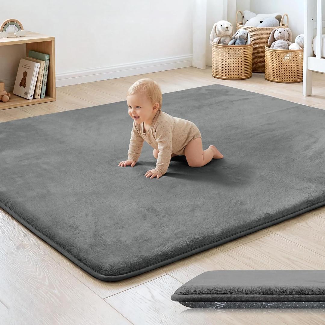 1.3" Thick Baby Floor Play Mat 50x50, Basic Padded Foam Mat for Tummy Time Crawling, Non Slip Cushioned for Babies Toddlers Infants Kids (Dark Grey)