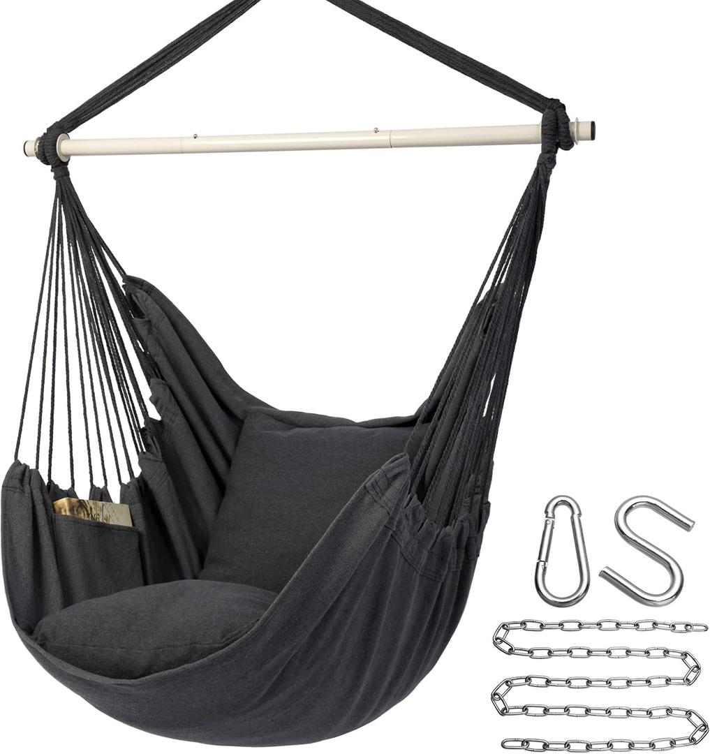Y- STOP Hammock Chair Hanging Rope Swing Chair, Max 500 Lbs, 2 Seat Cushions Included, Removable Steel Spreader Bar with Anti-Slip Rings, Hardware kit-for Indoor Outdoor(Dark Grey) 