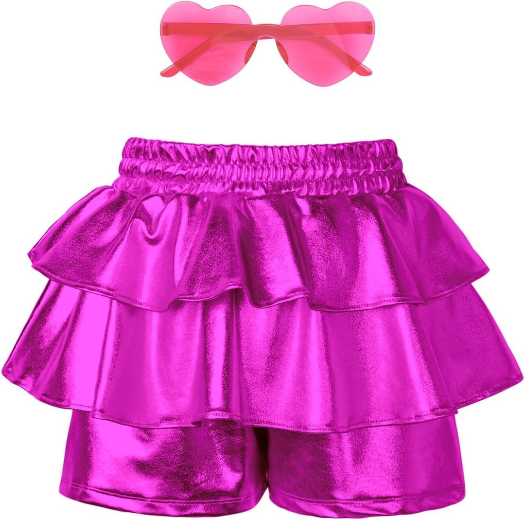 Girls Pleated Metallic Shorts Shiny Sparkle Ruffle Scooter Skater Dance Elastic Waist Rave Pants with Sunglasses for 6-13Y (Pink)