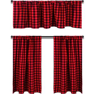 HTFDStar Valance Curtain Set, 3PCS Cotton Buffalo Plaid, Farmhouse Kitchen Curtains, 58Wx15L, 29Wx36L (Red)