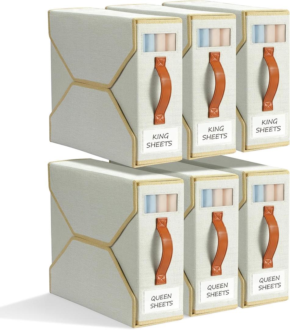 Yecaye 6 Pack Sheet Organizers and Storage for Linen Closet, Foldable Set Organizer With Clear Window and Label (Queen & King Size), Bedding Storage Box Container, Beige