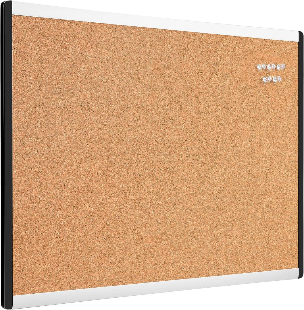 Amazon Basics Cork BulletinBoard, 23" x 17", Pin Board for Office & Home with Aluminum/Plastic Frame, 1 Pack