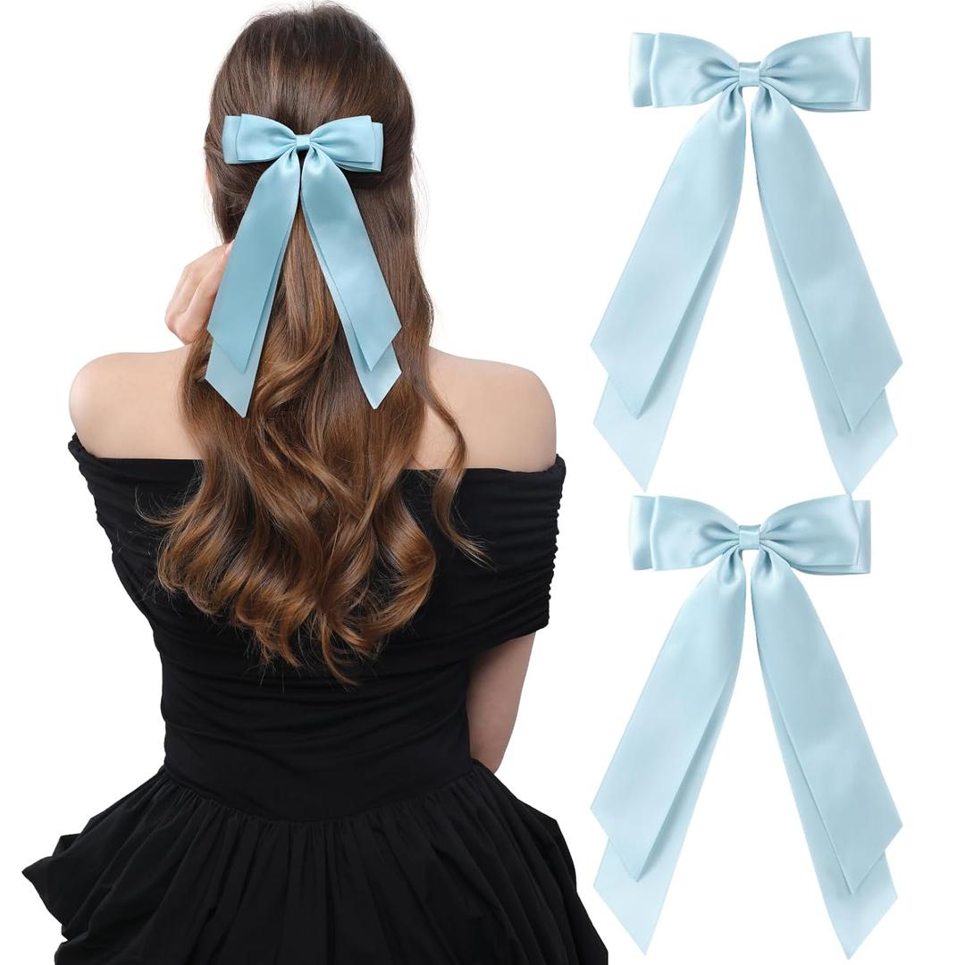 LuSeren 2 PCS Double Layer Hair Bows Light Blue Hair Ribbon Clips Ponytail Holder Accessories for Women Girls Toddlers Teens Kids