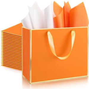 ReliThick 12 Pack Metallic Paper Gift Bag with Handles and Tissue Paper 11.8 x 10 x 4'' Thank You Favor Bag for Graduation Mother's Day Wedding Bridesmaid Groomsman 5 Senses Gifts (Orange,Gold)