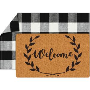 Maitys 2 Pcs Welcome Door Mat Buffalo Outdoor Rug Non Slip Coir Mat Black White Buffalo Plaid Checked Layered Door Rug Doormat Decor for Rustic Porch Entryway Indoor (Black Dot, 23.6 x 35.4 Inch)