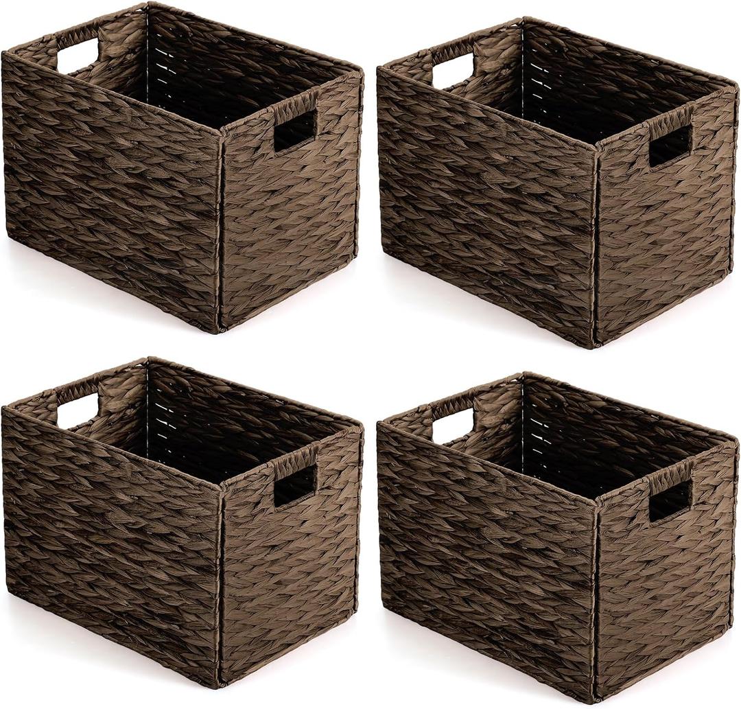 Layhit 4 Pcs Wicker Storage Basket Water Hyacinth Handwoven Baskets with Handles Foldable Woven Organizer Multipurpose Wicker Storage Bins for Bedroom Living Room(16 x 11 x 11'',Dark Brown)