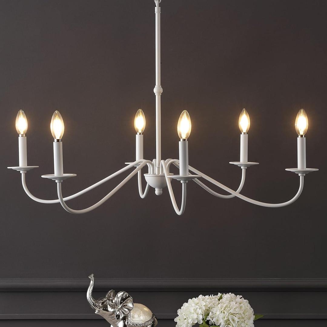 JONATHAN Y 34.75" White 6-Light Bohemian Farmhouse Iron Chandelier, Rustic Candle-Style LED Hanging Light for Dining Room Kitchen Island Entryway Foyer (JYL7559D)
