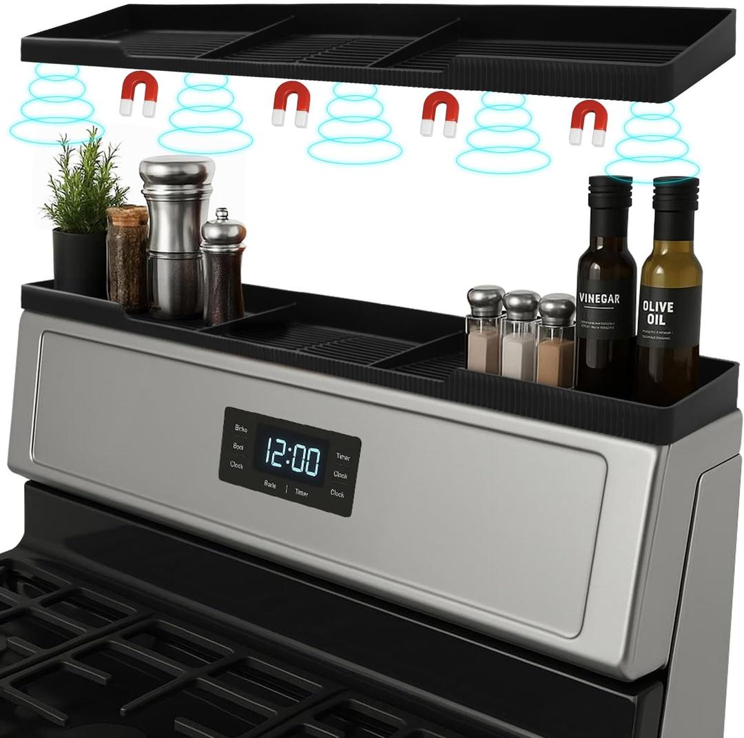 Silicone Magnetic Stove Shelf For Back Of Stove - Over The Stove Shelf, Magnetic Stove Top Shelf, Over The Stove Spice Rack, Oven Shelf For Top Of Stove, Heat Resistant, Includes 6 Extra Plates, Black