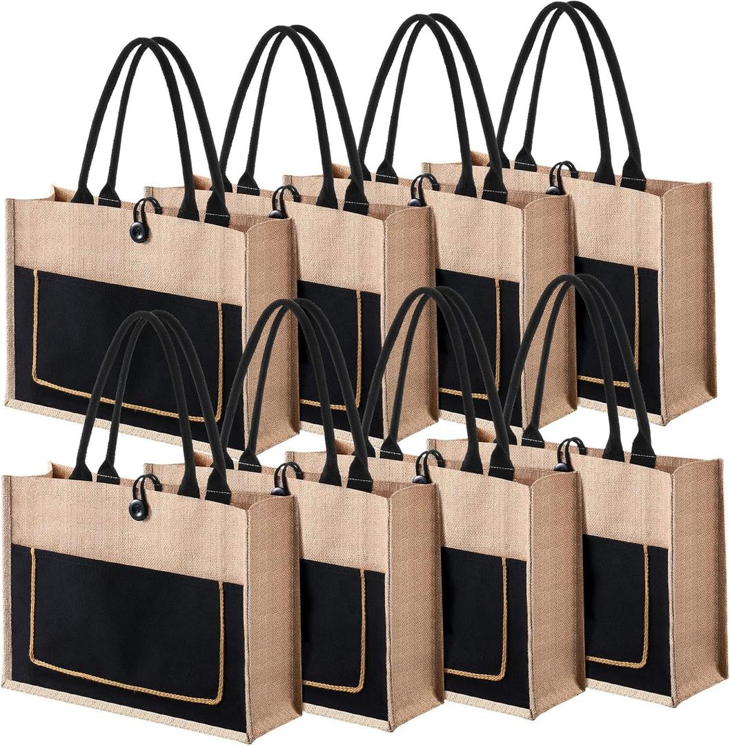 Reginary 8 Pack Burlap Tote Bags Bulk Large Jute Tote with Handles Reusable Canvas Gift Bags for Wedding Travel (Black)