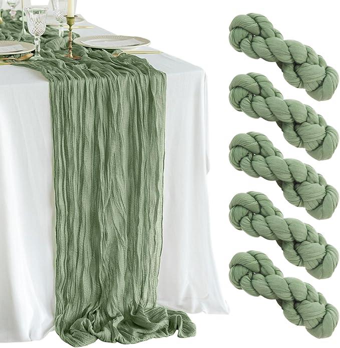 5 Pack Sage Green Table Runner 10ft Boho Gauze Fabric Cheesecloth Table Runner 35 x 120 Inch Rustic Sheer Runner for Wedding Centerpiece Decor Baby Shower Party Table Decorations