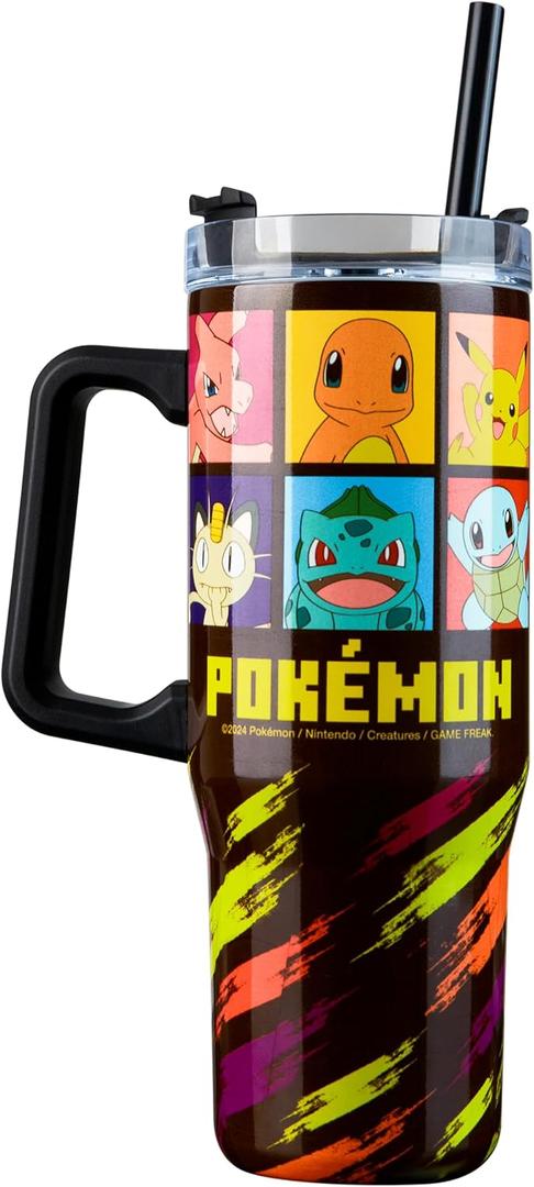 Pokemon Insulated Tumbler Travel Mug 33oz Stainless Steel Pikachu Anime Water Bottle with Handle and Straw Thermal Double Wall Vacuum Insulation Drinks for Hot Cold Ice Cupholder Compatible