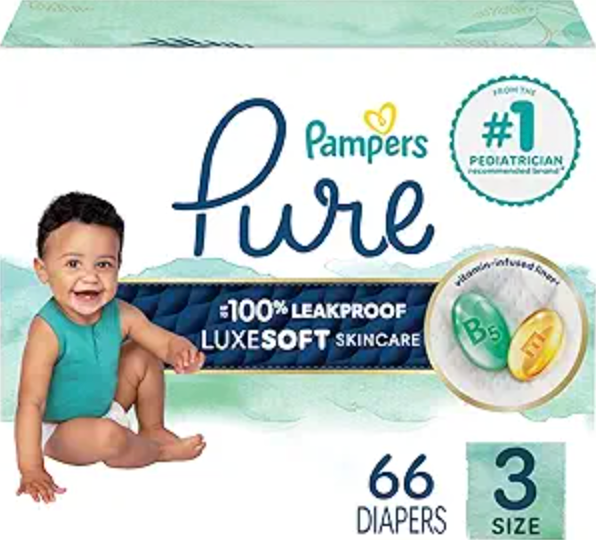 Pampers Pure Protection Baby Diapers, Size 3 (1628 lbs), 66 Count, Up to 100% Leakproof, Premium Plantbased Skin Protection, Hypoallergenic Soft Diapers