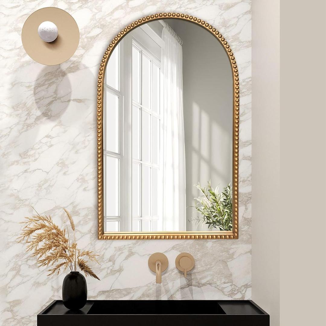 Traditional Wall Mirror Vintage Gold, 24" x 40" Tall Narrow Arch Antique Beaded Frame Decorative Accent Vanity Wall Decor, Arched Vertical Mirrors for Bathroom, Living Room, Entryway (40"L x 24"W)