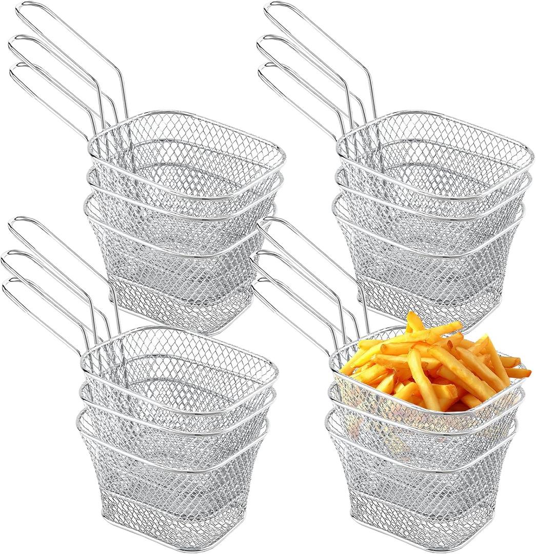 12 Pcs Mini Square Fry Basket Bulk Stainless Steel French Fry Holder Food Baskets for Serving Fryer Container with Handle Reusable Small Deep Fryer Holder for Home Kitchen Decor (Silver)