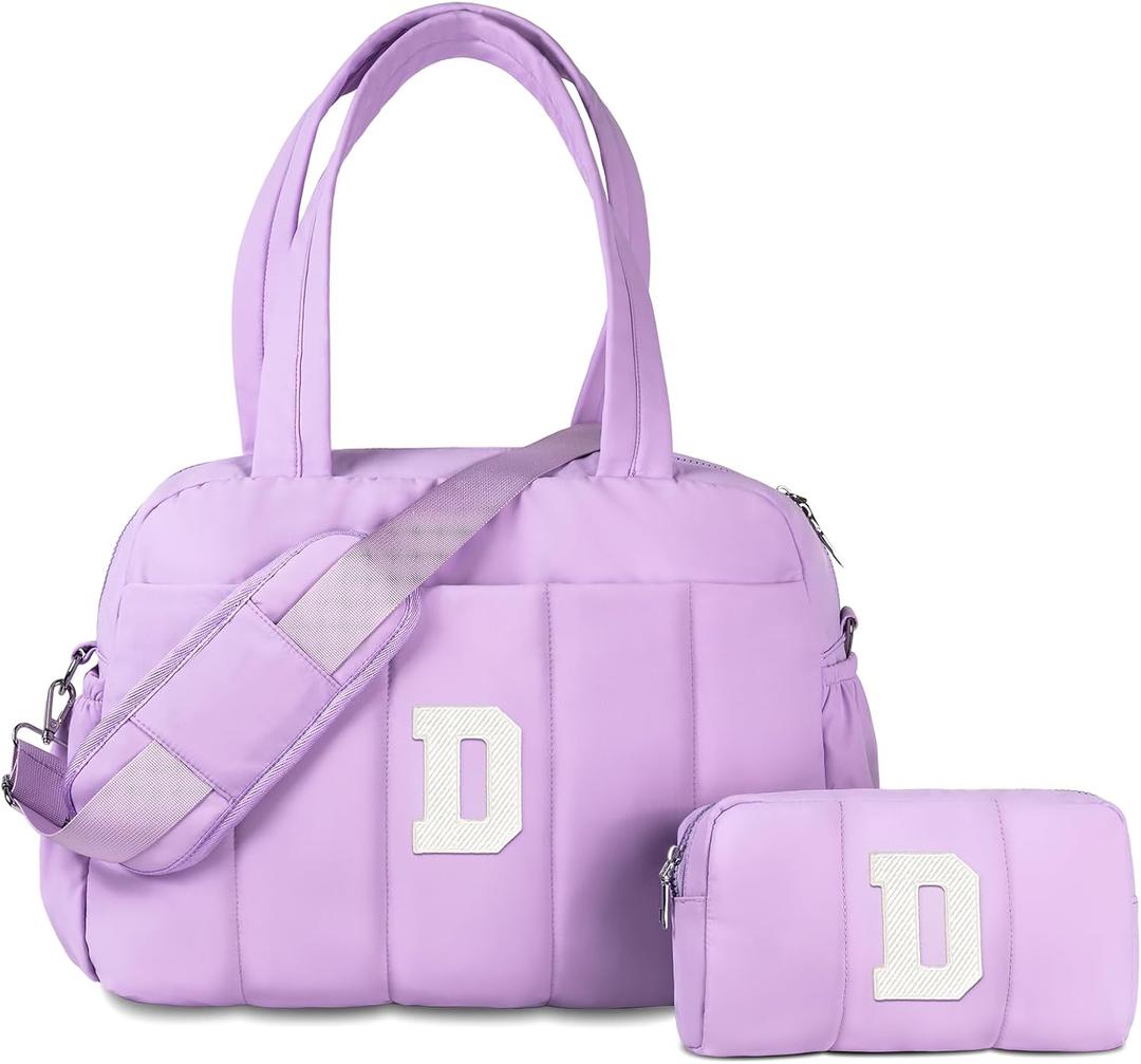 Teen Girl Gift Ideas-Initial Lightweight Duffel Bag, Personalized Weekender Overnight Bags, Letter Travel bag with Makeup bags，Personalized Gift Idea for Women Her (Letter E) 