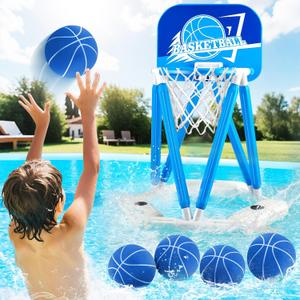Pool Basketball Hoop, Floating Basketball Hoop Toy for Pool Water Game with 4 Basketballs Summer Swimming Pool Games for Kids 4-12 Indoor Outdoor Play (Blue)