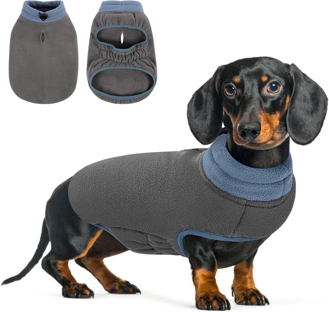 Queenmore Soft Fleece Vest Pullover Jacket With Elastic Stretchable, Warm Winter Dog Coat for Cold Weather, Dachshund Sweater for Small Dogs Cats Boy or Girl (Grey, S)
