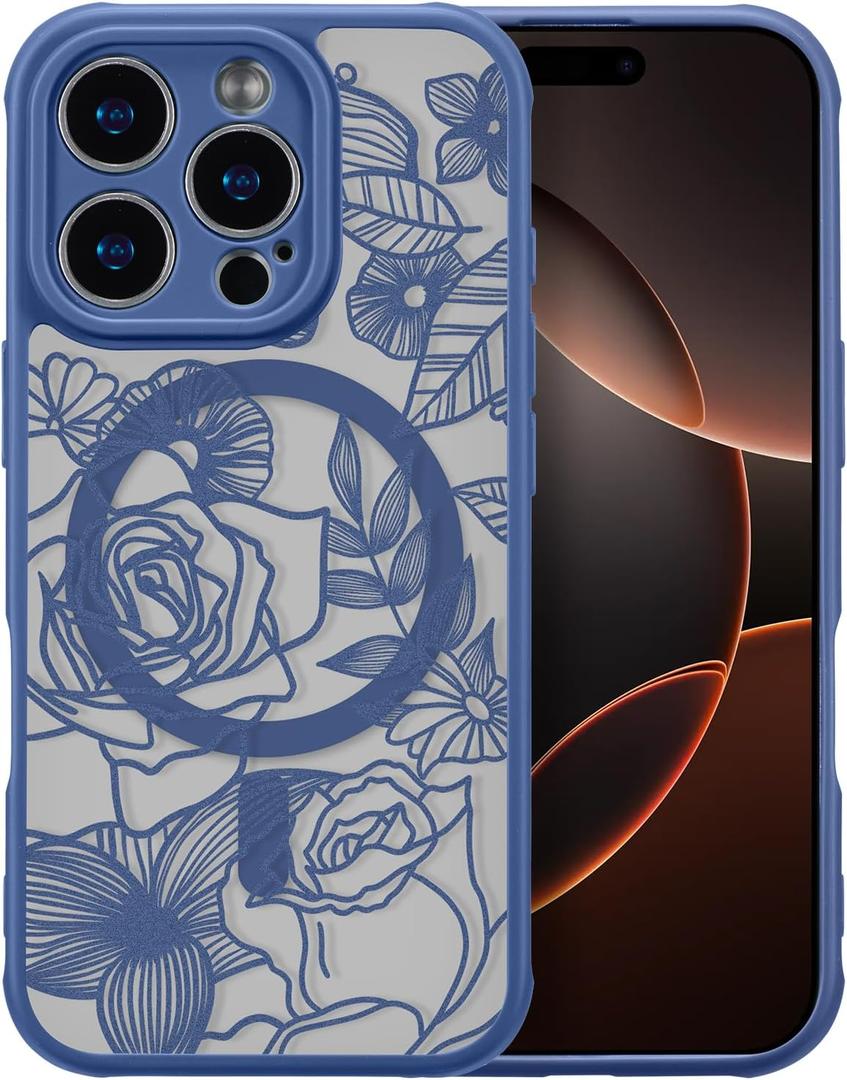 XIZYO Magnetic Case for iPhone 16 Pro Max Floral Rose Cute Phone Case [Compatible with Magsafe] for Women Girls Aesthetic Pattern Slim TPU Shockproof Bumper Cover, Deep Blue