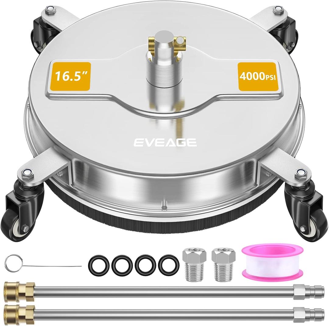 EVEAGE Pressure Power Washer Surface Cleaner, with 4 Wheels, Stainless Steel Housing Accessories with 2 Extension Wand, 2 Replacement Nozzles, 4000 PSI (16.5 inch)