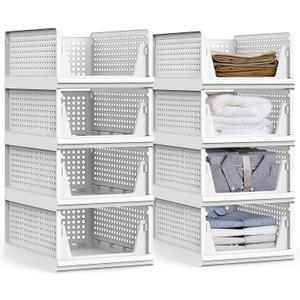 yazi Stackable Storage Bins,8 Pack Foldable Plastic Wardrobe Clothes Organizer Drawer Shelf Storage Basket Container Plastic Drawer Organizer Shelf Baskets Folding Containers Bins Cubes (Light Grey)