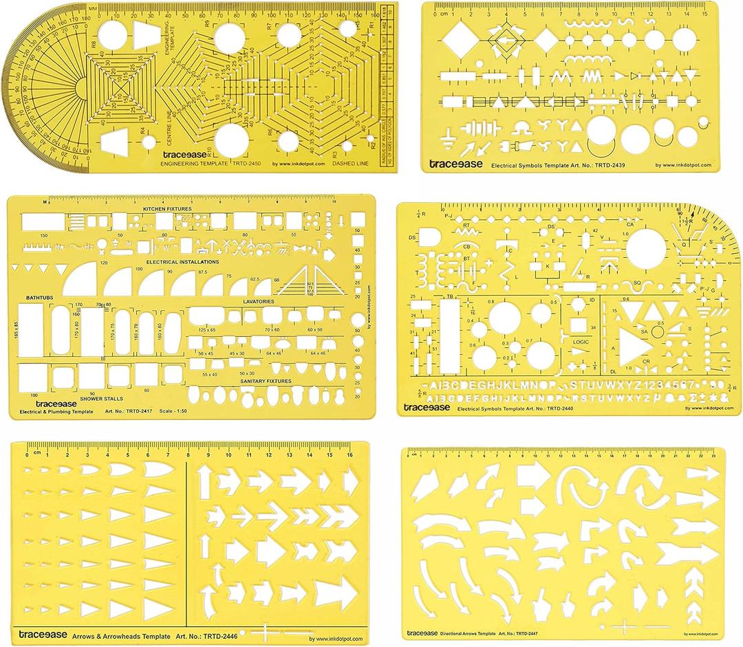 Traceease Engineering, Electrical & Arrow Multi-Pattern Template Stencil Drafting Tools- Pack of 6 Pieces