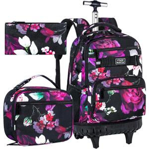 3Pcs Rolling Backpack for Girls, 19 Inche Rose Roller Bag with Wheels, Adults Wheeled Bookbag Set for Women(Black)