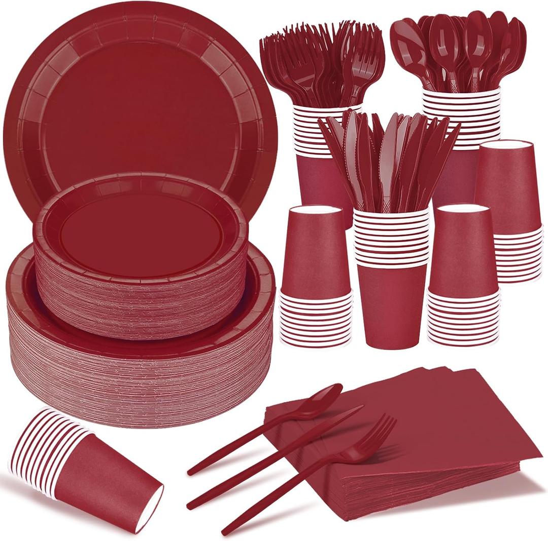 TWOWYHI 228PCS Burgundy Party Supplies Set Include Paper Plates Cups Paper Napkins Plastic Spoons Forks Knives for 30 Guests Disposable Party Dinnerware for Birthday Wedding Family Picnic