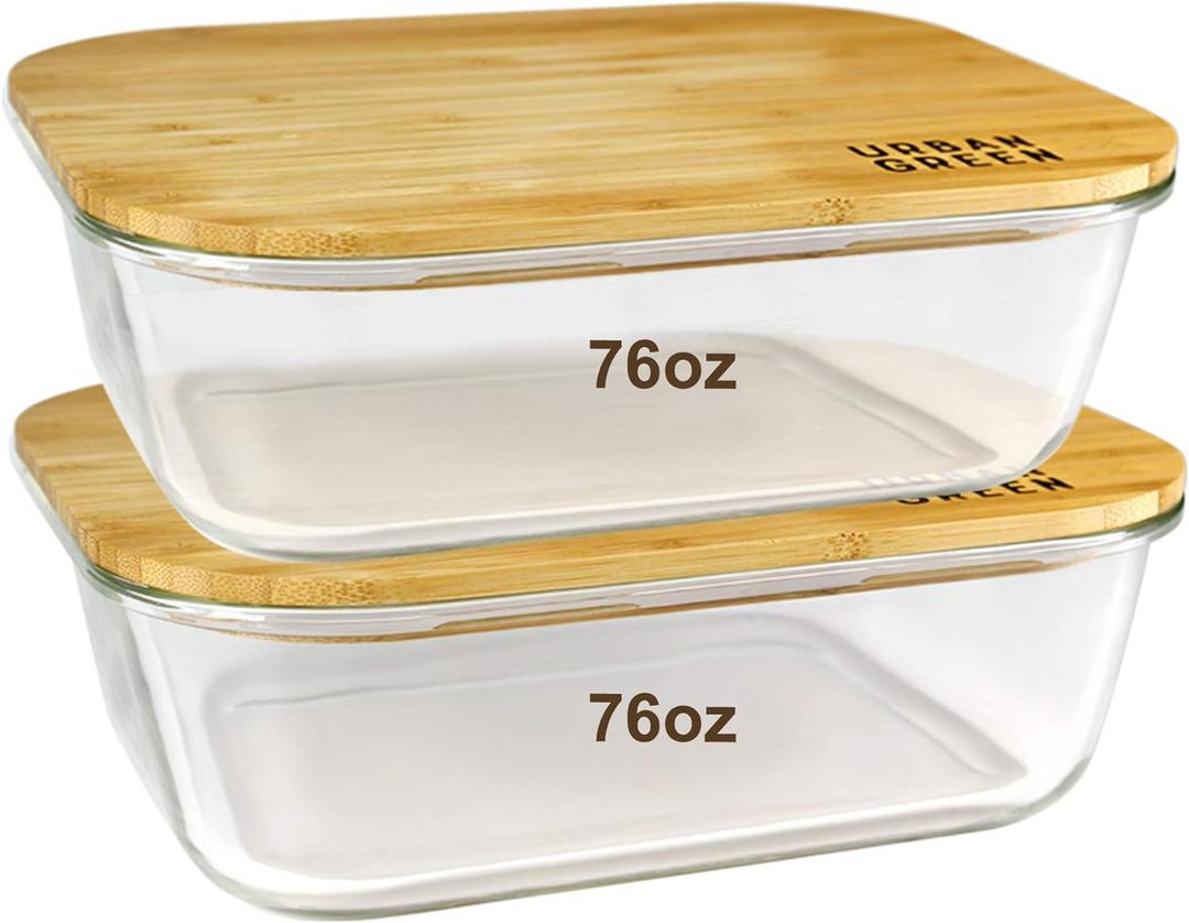 Urban Green Glass Container with Bamboo Lid, 2 Pack of 50oz, Large Glass food storage Container with Lids, Meal Prep Containers Set of 2