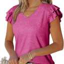 Dokotoo Women's Casual Ruffle Short Sleeve Tops Cute Solid Color Knit Ribbed T Shirts Blouses Small