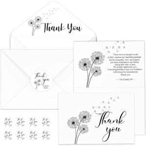 Fumete 50 Set Funeral Thank You Cards with Envelopes and Stickers Thank You Sympathy Cards with Meaningful Message Bereavement for Funeral Family Loved Ones Celebration of Life(Dandelion)