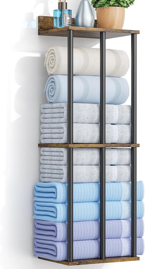 34 Inch Bathroom Towel Rack with Shelf  Modern Towel Holder for Bathroom Wall Mounted, Holds 6 Large Bath Towels, Rolled Towel Organizer for Bathroom, Laundry Room, and Small Space Storage, 3-Tier