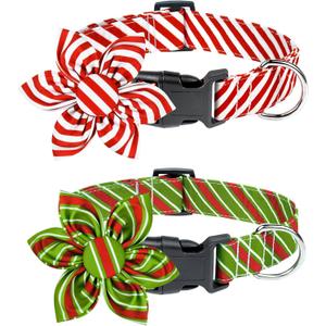 Malier 2 Pack Christmas Dog Collar with Flower, Red Dog Christmas Collar with Buckle Adjustable Cotton Collar for Small Medium Large Dogs Puppy (Small) (Red Stripes and Green Stripes)