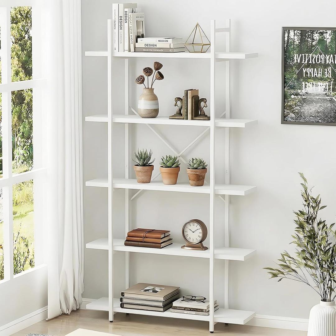 Bookshelf 5 Tiers White Wooden Storage Shelf,Modern Open Display Storage Bookcase Book Organizer,Metal Bookshelf Standing Storage Shelf Tall Shelving Units for Home Office Study