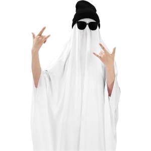 1 Pcs Halloween Adult Hip Hop Ghost Costume Set White Cloak Black Sunglasses Hat Necklace Fancy Ghost Dress Cosplay (Large)