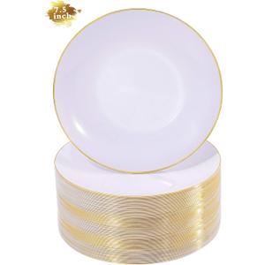 Nervure 100Pieces White with Gold Rim Plastic Plates - 7.5inch Disposable Gold Salad/Dessert Plate - White and Gold Plastic Plates Ideal for Wedding & Party & Father's Day