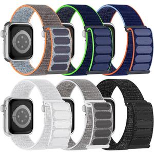 6 Pack Sport Nylon Loop Band Compatible with Apple Watch Band 38mm 40mm 41mm 42mm  for Women Men, Adjustable Breathable Braided Straps for iWatch Series 11/10/SE/Ultra (Reflective Black/Summit White/Fresh Orange/Sea Shell/Navy Blue/Lime)