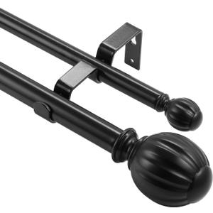 VEVOR Double Rod Curtain Rods, 36-72 inches(3-6ft) Adjustable Length, Black Double Curtain Rods with Round Finials, 1" and 3/4" Diameter, Double Window Drapery Rod for Sheer and Blackout Curtains