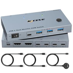 USB-C KVM Switch 2 Monitors 2 Laptops 4K@60Hz, USB C KVM Switch Dual Monitor for 2 laptops to Share 2 Monitor and 4 USB3.0 Devices, 80W PD Charging, Wired Remote and Cables Included
