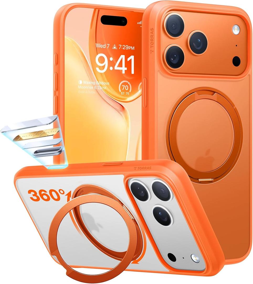 TORRAS Upgraded 360 Magnetic Stand for iPhone 17 Pro Max Case with Camera Control, Fit for MagSafe with Ring, Mil-Grade Protection, Translucent Slim for iPhone 17 ProMax Case Ostand, Neon Orange
