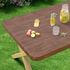misaya Rectangle Vinyl Tablecloth, Fitted Table Cover, Waterproof, Elastic Edge, Plastic Table Cloth Fit 6 Foot Folding Tables for Picnic, Indoor and Outdoor (Oak Wooden Grain, 30 x 72 inch)