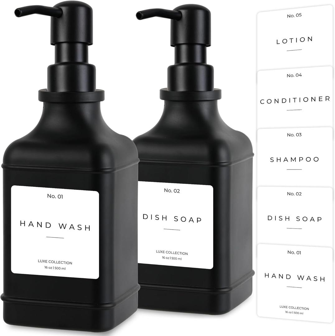 Emerson Essentials Soap Dispenser, Dish Soap Dispenser, Soap Dispenser Bathroom Set, Hand Soap Dispenser, Kitchen Soap Dispenser Set, Glass Soap Dispenser with Pump and Labels | 16 Oz, 2-Pack (Black | Black)