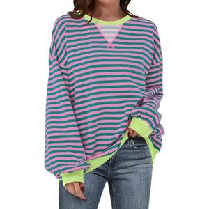 KLWCJFFF Women Striped Oversized Sweatshirt Long Sleeve Crewneck Hoodies Shirts 2024 Fall Pullover Top Trendy Preppy Clothes