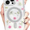 Loheckle for iPhone 16 Pro Case Women - Compatible with MagSafe Girls Cute Glitter Dried Flower Floral Girly Aesthetic Sparkle Unique Design Handmade Phone Cover for Apple 16 Pro 6.3", Fen