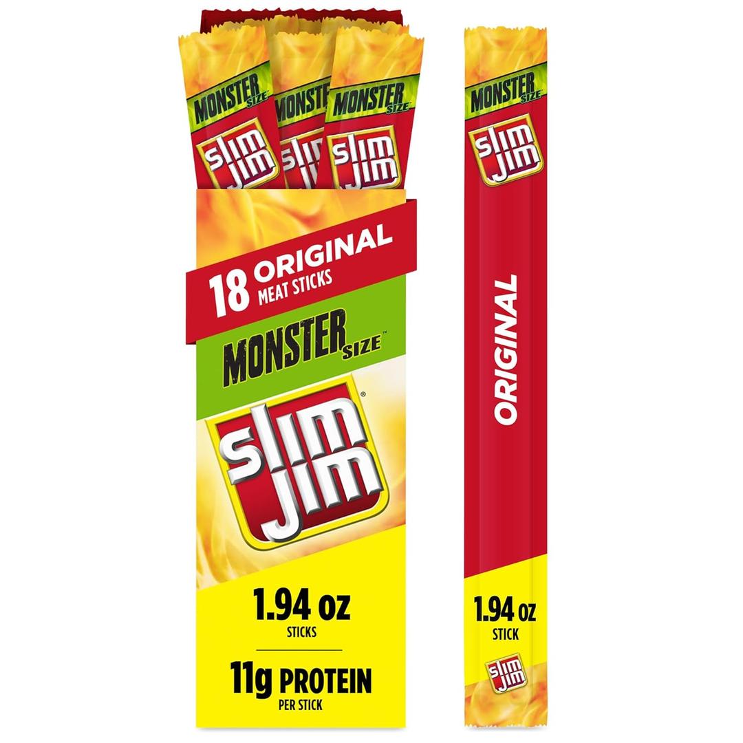 Slim Jim Monster Smoked Meat Sticks, Original Flavor, High Protein Easter Basket Stuffer for Men, 1.94 oz. (18 Count) (EXP 03/25/26)