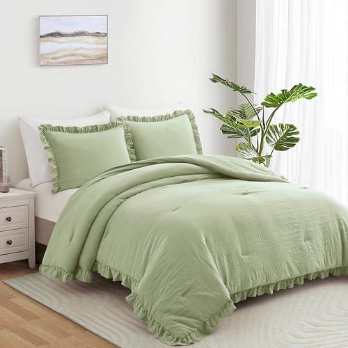 Bonlino Bed Bedding Comforter Set King - 3 Pieces Farmhouse Comforter Ruffle Boho Bed Comforter, Fluffy Soft Lightweight Bedding Chic Rustic Country Style for Home Bedroom Dorm (King, Sage Green)