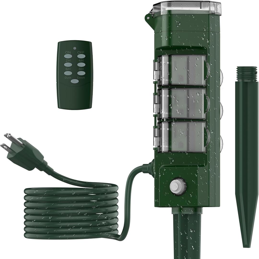 TESSAN Outdoor Power Stake Light Timer Waterproof, Wireless Remote Control, Yard Stake Countdown Timer2, 4, 6, 8 Hour, 6 Outlets, Dusk to Dawn for Lights and Garden Courtyard Decoration