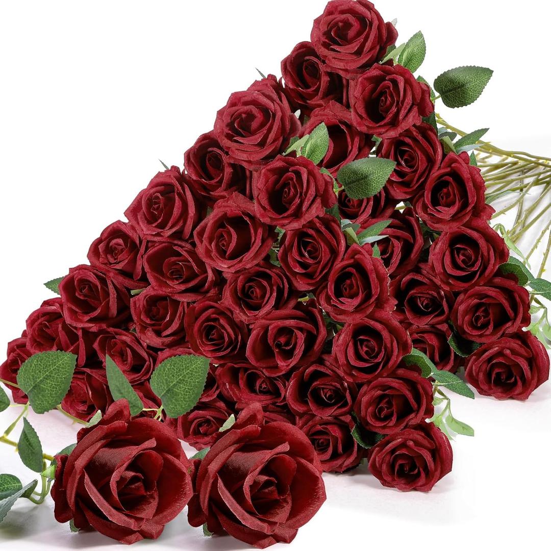Jexine 60 PCS Artificial Roses Bulk Silk Flowers with Long Stems, Realistic Faux Rose Bouquet for Wedding Centerpieces, Valentines Party, Home Decor(Burgundy)