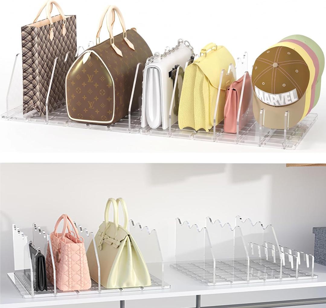 Purse Organizer for Closet, Sleek Transparent Acrylic Shelf Dividers, Adjustable Bag Organizer with 8 Baffles + 1 Hat Stand for Handbags & Baseball Caps
