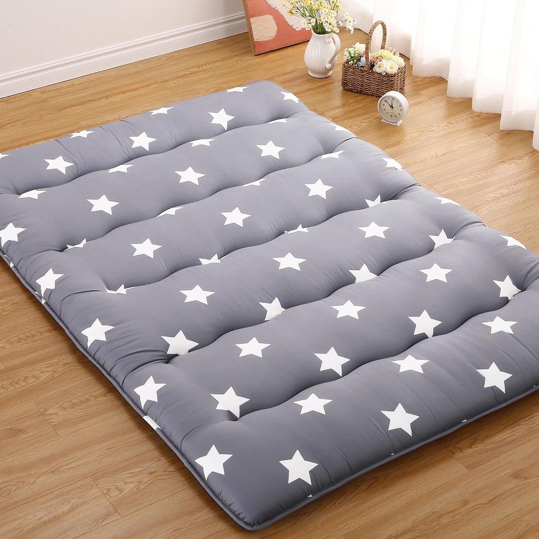 Japanese Futon Floor Mattress, Thick Tatami Mat, Foldable Floor Mattress, Roll Up Dormitory Sleeping Pad, Portable Floor Lounger Bed for Guest Room, Camping, Full Size, Grey